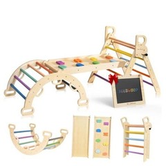 Pikler Triangle Set, Foldable Wooden Toddler Climbing Toys No Cushion Rainbow