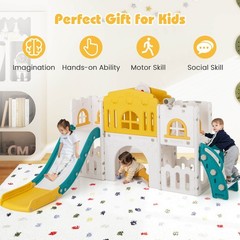 All in 1 Toddle Slide Playset Freestanding Kids Slide w/ Tunnel, Basketball Hoop