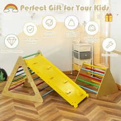3-in-1 Kid Climbing Ladder Set 2-Triangle Climber W/ Ramp Sliding Wooden Playset