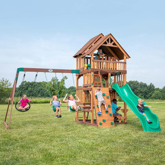 Highlander Cedar Wood Swing Set with Wave Slide Three Story Clubhouse Rock Wall
