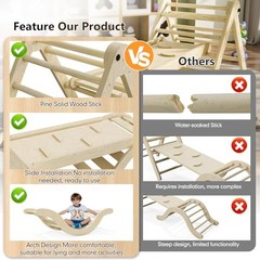 Pikler Triangle Set Climber 5 in 1, Toddler Climbing 99″Wx21″Dx23″H Natural
