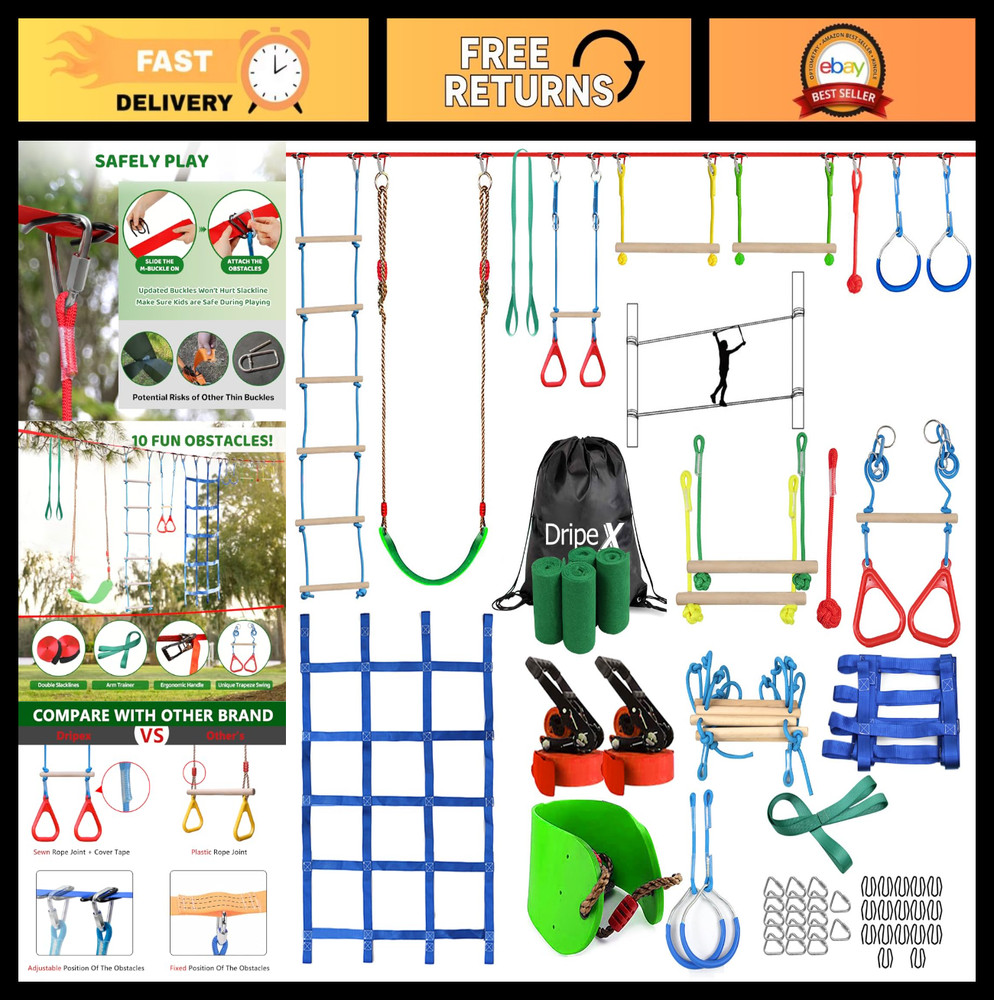Kids Ninja Warrior Obstacle Course – 65ft Slackline Kit with 10 Accessories, Swi