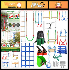 Kids Ninja Warrior Obstacle Course – 65ft Slackline Kit with 10 Accessories, Swi