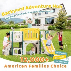 8-in-1 Toddler Climber and Slide Playset with Basketball Hoop – Green