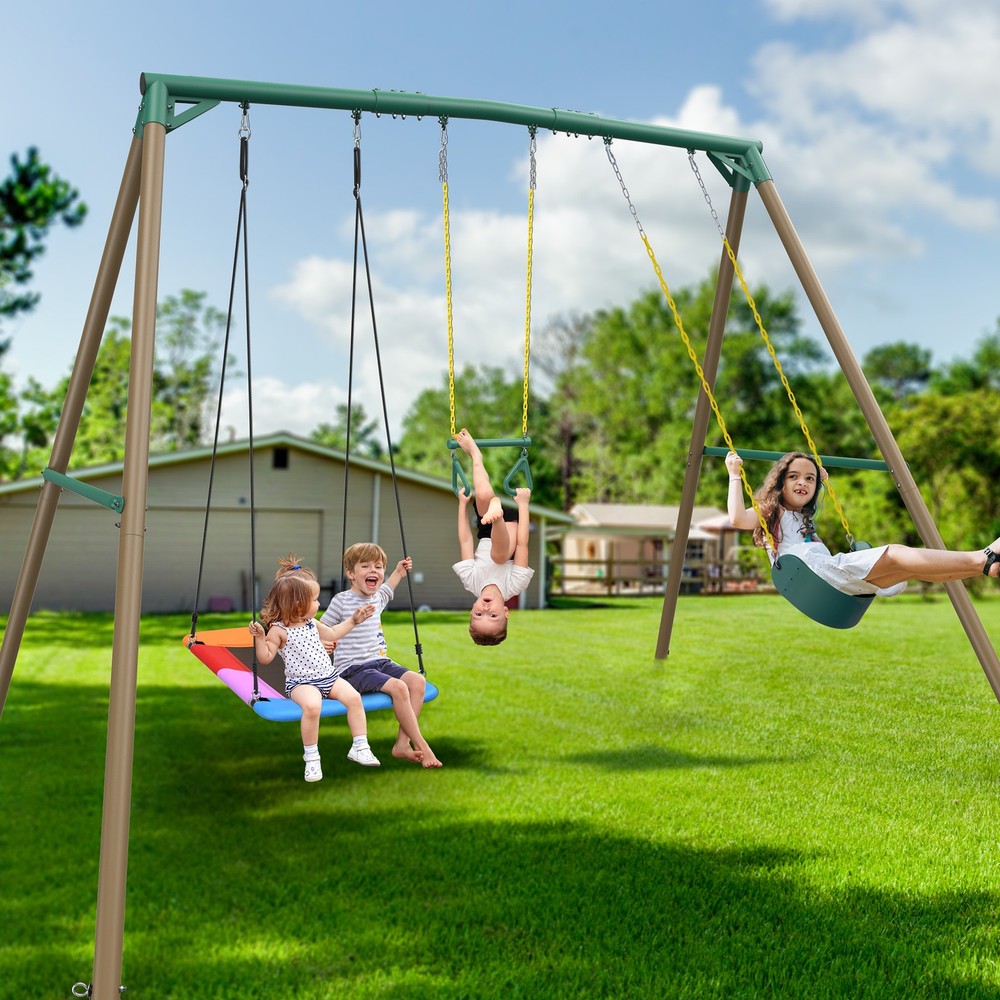 9.5ft Large Metal Swing Set Heavy Duty Kids Adult Outdoor Swing Set with 3 Swing