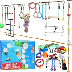 Hyponix Ninja Warrior Obstacle Course for Kids – 2 X 60 Ft Slackline with 13 Out