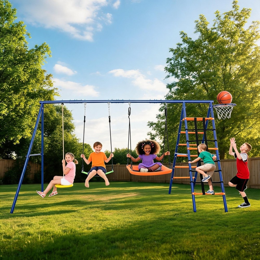 6-in-1 Kids Swing Set Backyard Playground Set 3 Seats Metal Swings Set Outdoor