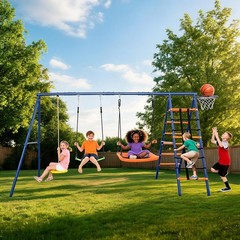 6-in-1 Kids Swing Set Backyard Playground Set 3 Seats Metal Swings Set Outdoor