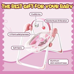 Portable Baby Swing, Pink Electric Infant Swing with 5 Speed Levels, 6 Songs &