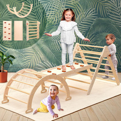 Foldable Pikler Triangle Climbing Set for Kids, 7 in 1 Montessori Large Wooden C