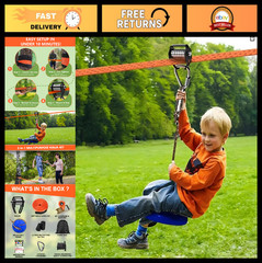 65ft Zip Line Slackline Kit for Kids & Adults – Ninja Course with Pulley & Tree
