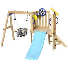 Outsunny Wooden Swing Set with Slide, Baby Swing Seat, Fort for 1.5-4 Years
