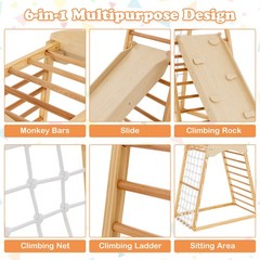 6-in-1 Wood Jungle Gym Montessori Climbing Play Set w/Double-sided Ramp Natural