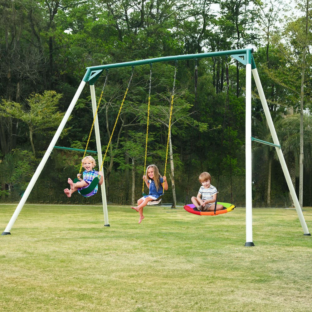 700lbs Heavy Duty 9.5ft Metal A Frame Swing Set w/3 Swing Seat Backyard Play Set