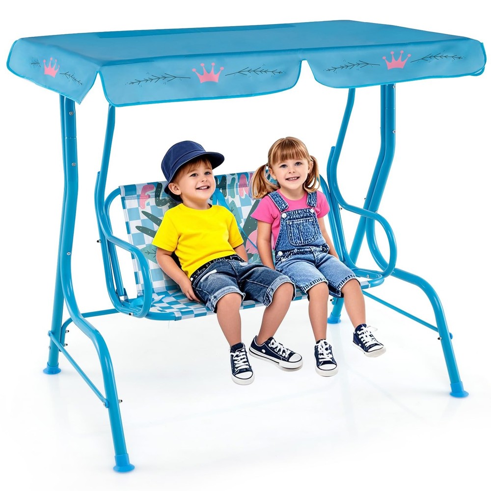 Honey Joy Kids Patio Swing 2-Seater Outdoor Porch Lounge Chair Canopy Flamingo