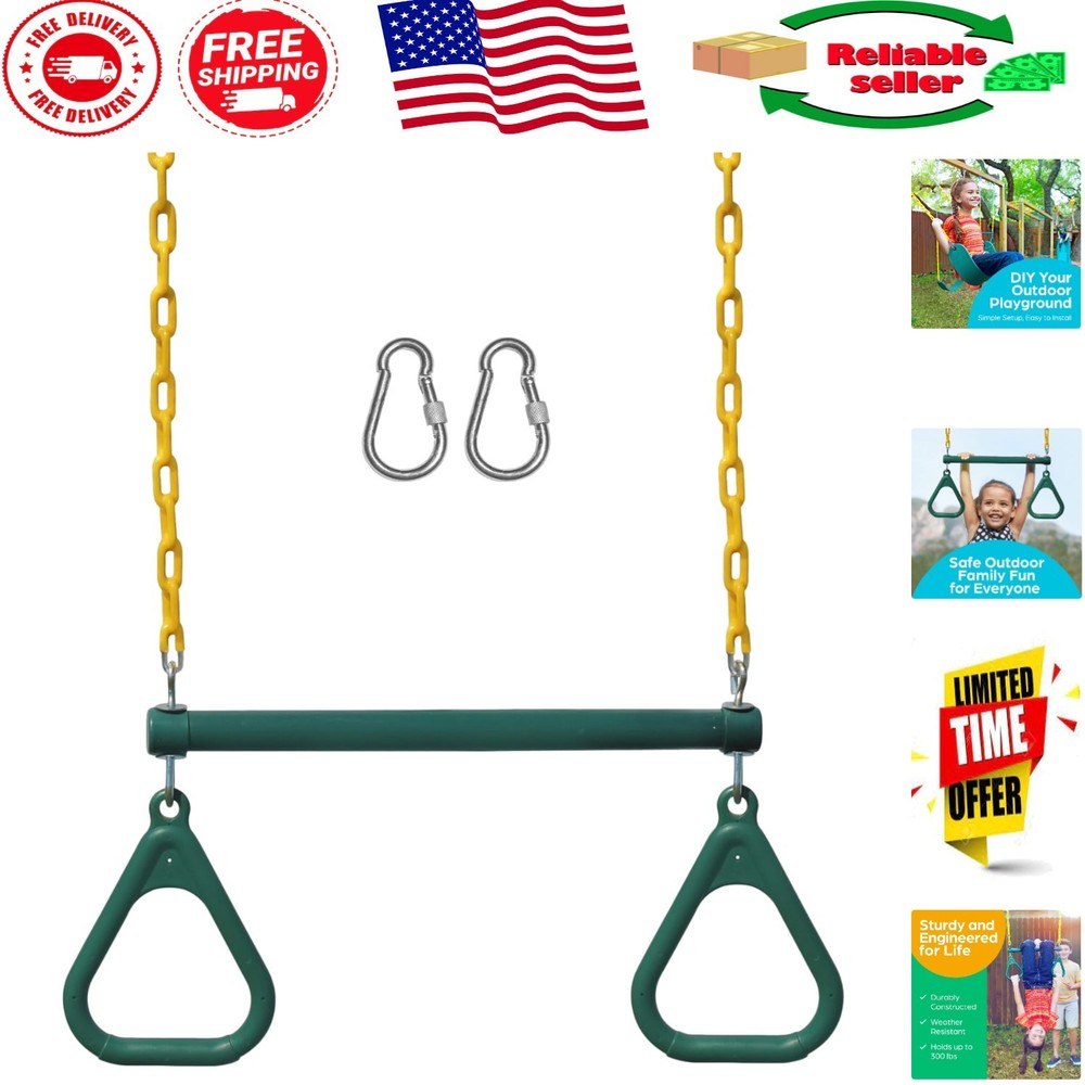 Green Trapeze Swing Bar with Locking Carabiners – Easy Setup for Kids
