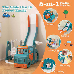 5-In-1 Toddler Slide Set with Basketball Hoop and Swing Baby Slide Playset Indoo