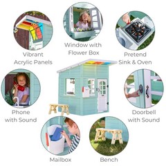 Teamson Kids Rainbow Shade Wooden Playhouse with Kitchen, Flower Box & Bench
