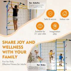 Indoor Playground Wall Gym with Monkey Bars, Rope Ladder, Pull-up Bar & Rings