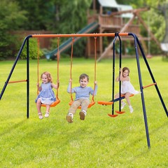 Double Kids Play Swing Set w/ 2 Seats & 1 Glider for Outdoor Backyard Heavy-Duty