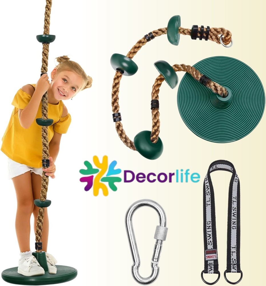 Climbing Rope Swing Disc Swing Seat Rope for Kids w/ Carabiners and Strap Green