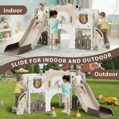 10-in-1 Kids Slide PlaySet w/ Drawing Board, Basketball Hoop, Telescope,Storage