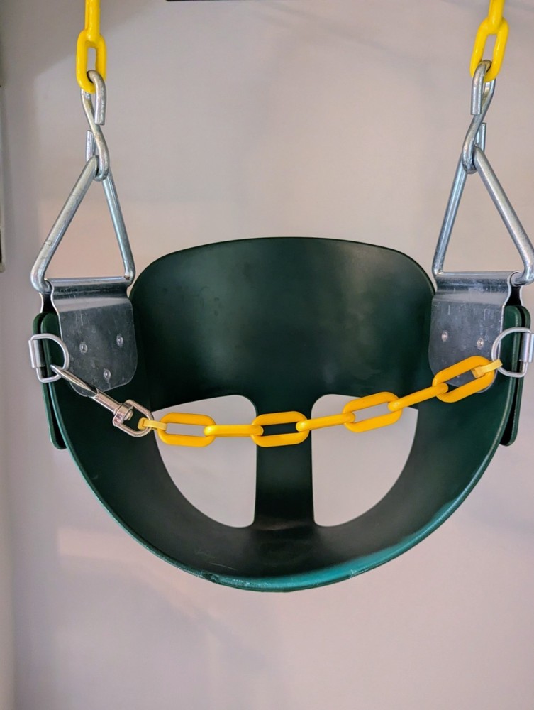 Green Full Bucket Toddler Swing Seat with Yellow Coated Chains.