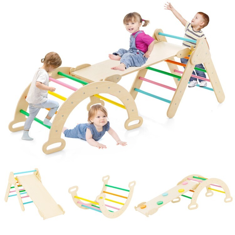 2-in-1 Wooden Climbing Ladder Kids Triangle Climber Toy w/Climbing Ramp and Arch