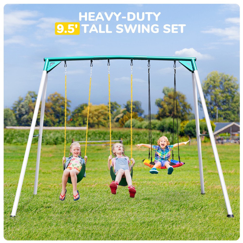 600lbs Heavy Duty 9.5ft Metal A Frame Swing Set w/3 Swing Seat Backyard Play Set