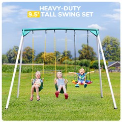 700lbs 9.5ft Metal Swing Set Heavy Duty Frame Kids Adults Backyard with 3 Swings