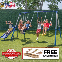 Kids Metal Swing Set with Trapeze 2 Person Glider Swing Slide Outdoor Playset