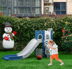 6-in-1 Toddler Slide w/ Storage, Hoop, Telescope, L Slide, Blue for Kids