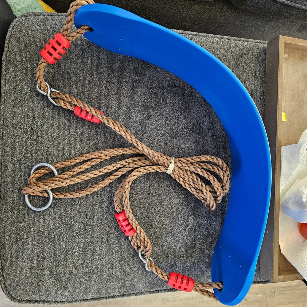 Blue Plastic Swing Seat with Rope and Metal Rings Kids Playground Accessory