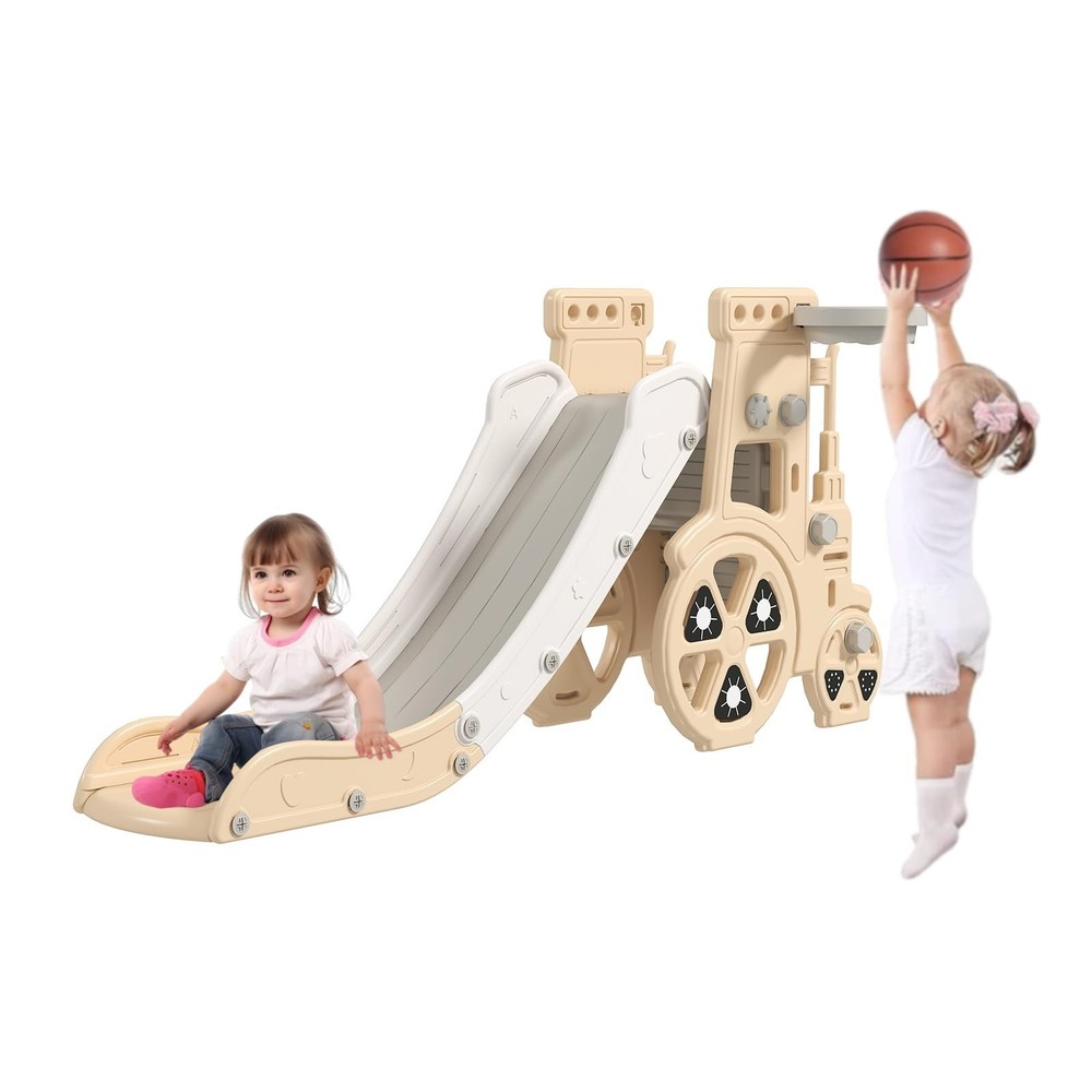Toddler Slide Playset, Activity Center with Basketball Hoop, Yellow