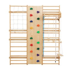 6-in-1 Swedish Ladder Wall Gym, Wooden Indoor Play Set with Swing & Slide