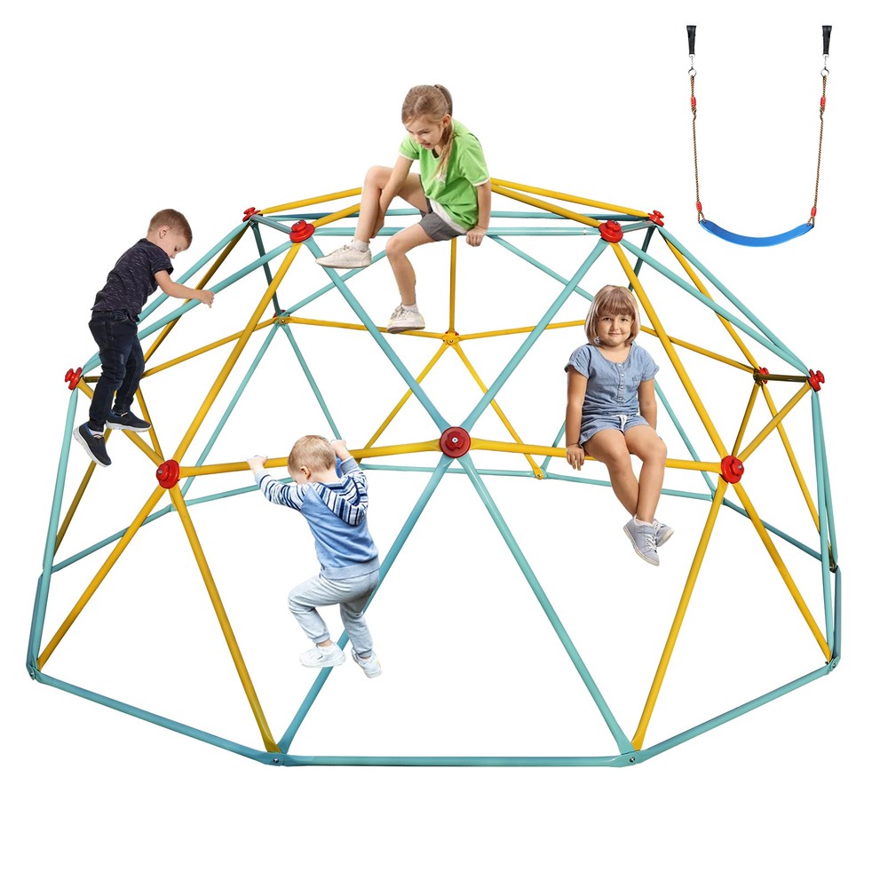 10FT Galvanized Steel Climbing Dome Jungle Gym with Swing for Kids – Blue