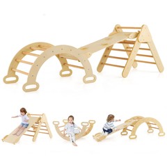 3-in-1 Kids Climber Set Toddler Wooden Play Arch with Sliding and Climbing Ramp