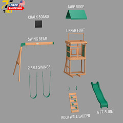 Wood Swing Set with Wave Slide Canopy Roof Outdoor Playset FREE SHIPPING USA ONL