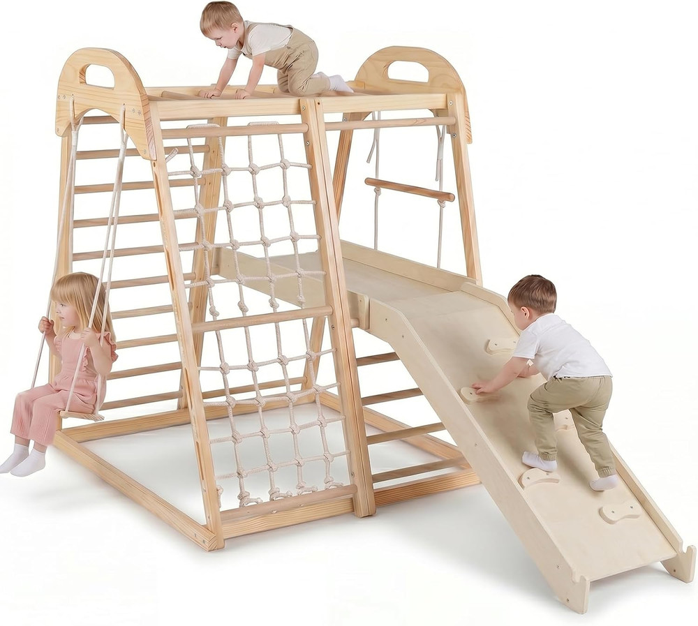 Indoor Jungle Gym, 8 in 1 Wooden Montessori Toddler Climbing Toys with Adjustabl