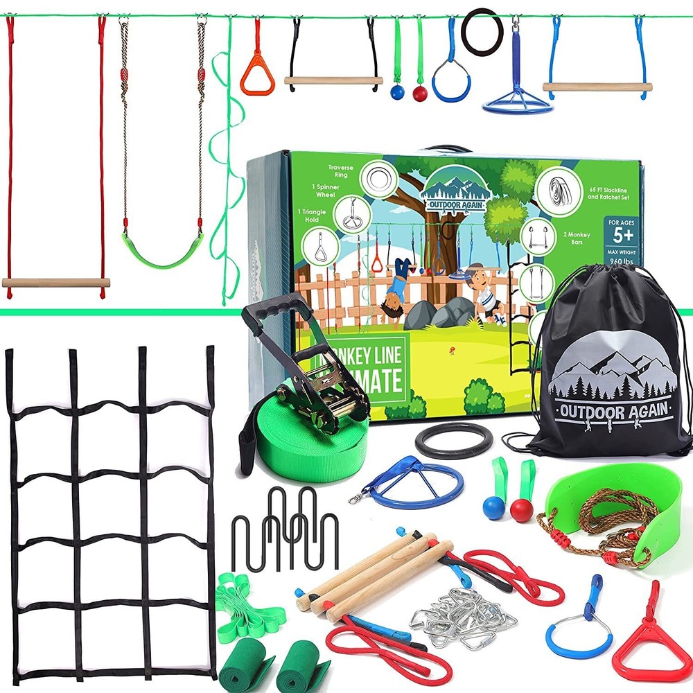 Ninja Warrior Obstacle Course for Kids – 2 x 65ft Slackline with 13 Obstac