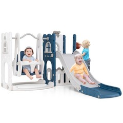 7 in 1 L-shaped Toddle Swing and Slide Set w/Swing, Basketball Hoop & Telescope