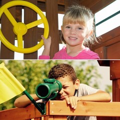 WOODEN SWING-SET PLAYGROUND SET W/ 2 WAVE SLIDES ROCK WALL TIC TAC TOE, CHILDREN