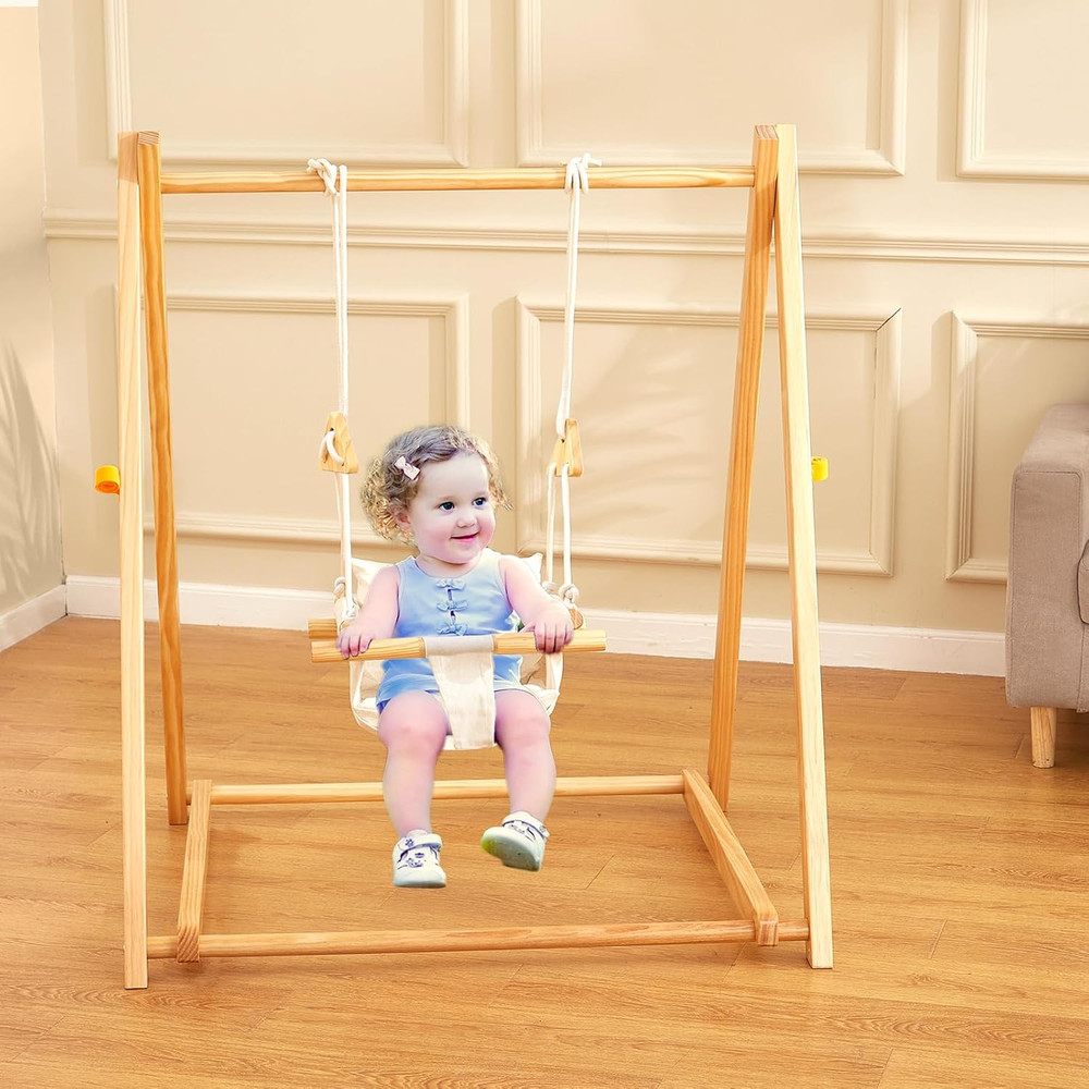 Foldable Montessori Wooden Swing Set for Toddlers 6-36 Months, Indoor/Outdoor