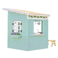 Teamson Kids Rainbow Shade Wooden Playhouse with Kitchen, Flower Box & Bench