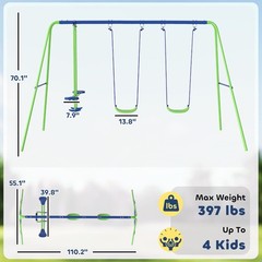 Green Metal A-Frame Swing Set with Glider 110.25x55x70 for Kids