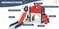 6 in 1 Toddler Slide, Kids Slide with Climber, Basketball Hoop, Tunnel
