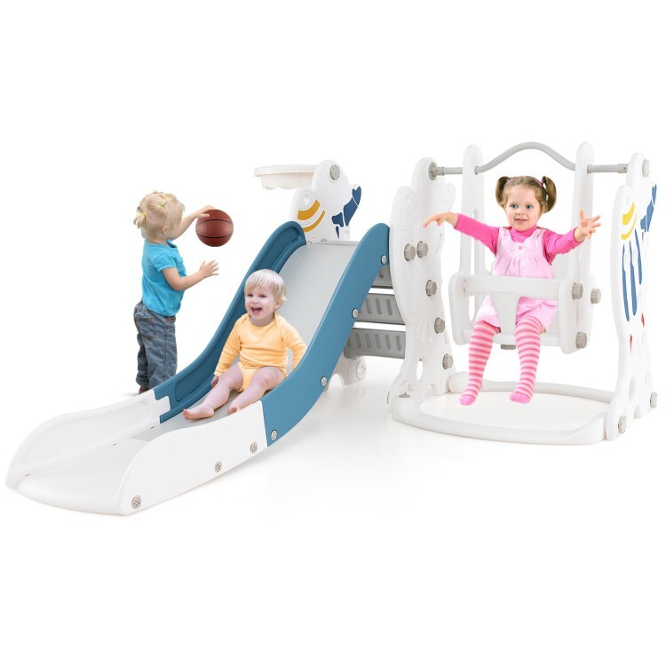 4-in-1 Toddler Climber Slide Set Kids Slide and Swing Set With Basketball Hoop