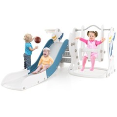 4-in-1 Toddler Climber Slide Set Kids Slide and Swing Set With Basketball Hoop