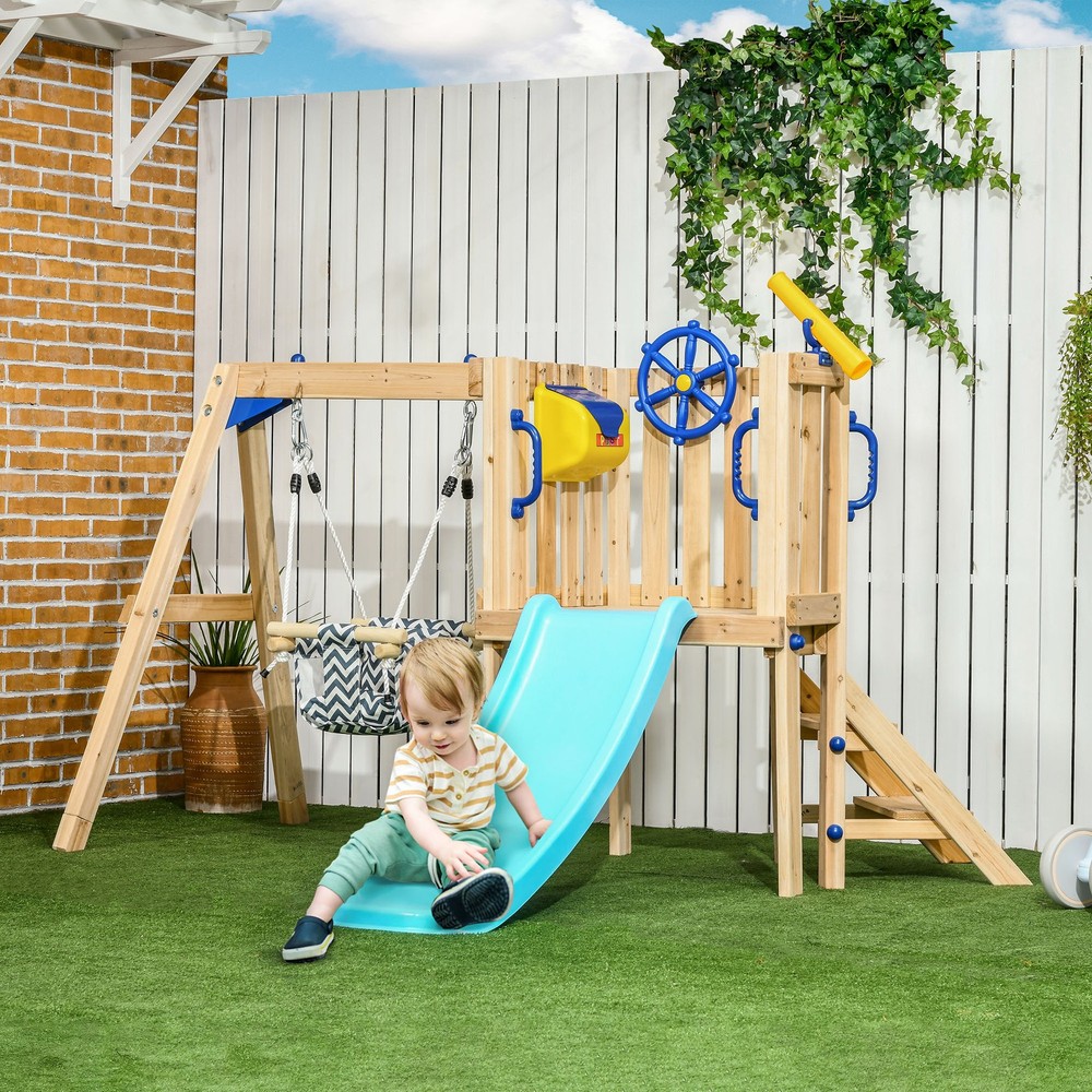 Wooden Toddler Playground with Baby Swing Set, Ages 1.5-4, Natural