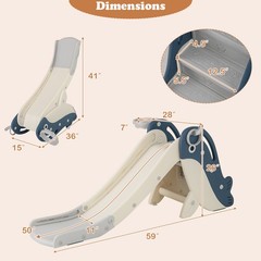 Foldable Freestanding Baby Slide Climber Playset Basketball Hoop Blue Kids Toy